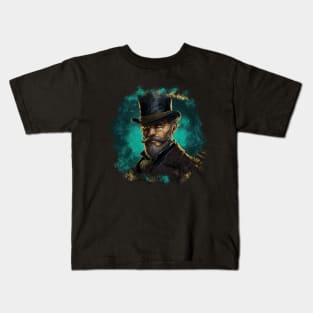 Vintage Design Illustration - Distinguished Gentleman in Glasses, Mustache, and Beard, Wearing a Suit with a Top Hat, Against a Turquoise Background. Kids T-Shirt